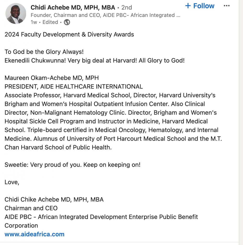 LinkedIn Post on Maureen Achebe's honorary recognition.